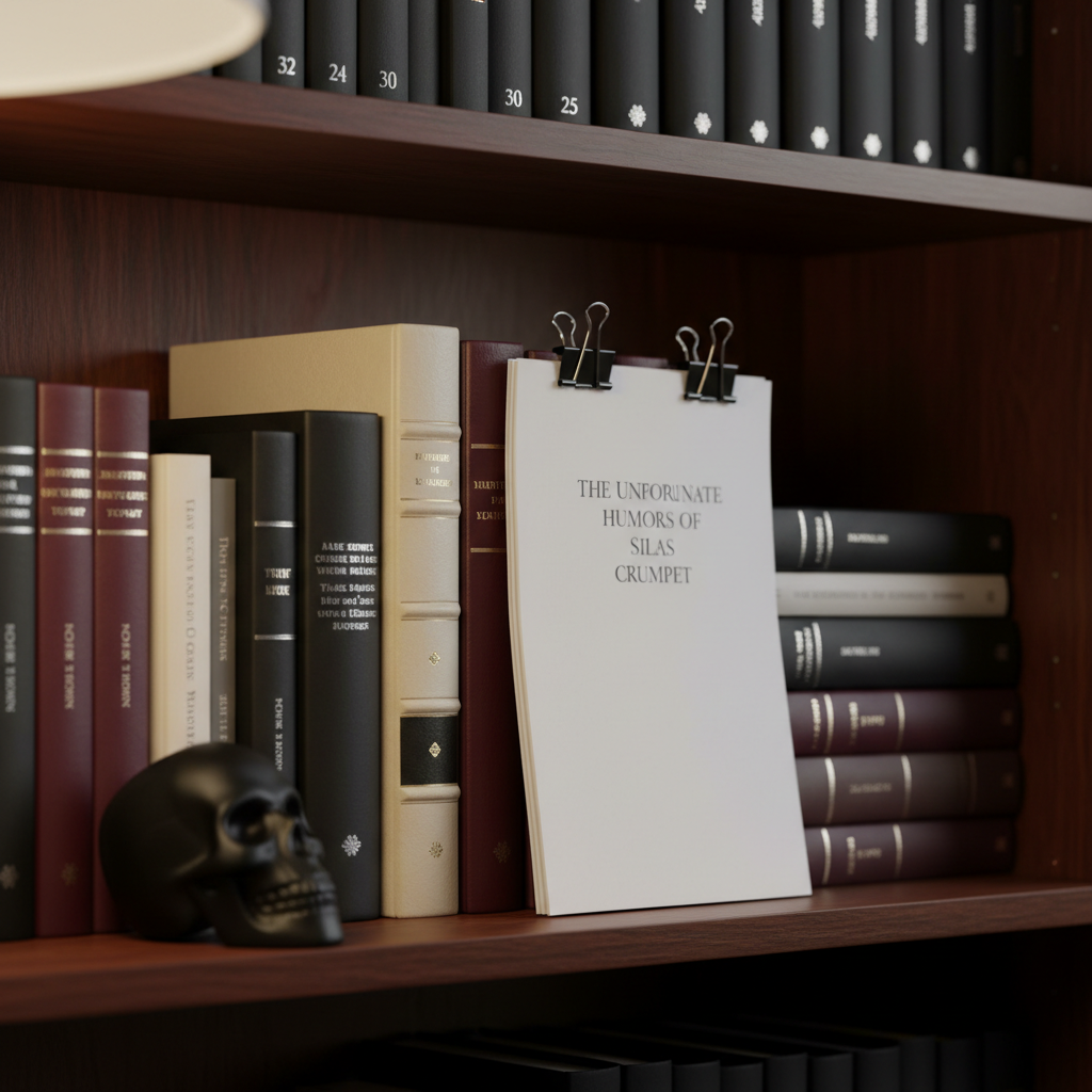 A close-up of a dark mahogany bookshelf filled with neatly arranged hardcovers and slim poetry volumes, their spines in a restrained palette of black, cream, and burgundy, with a few metallic foils catching the light. Wedged between two books, a single manuscript lies slightly askew: crisp white pages bound with black binder clips, the title page subtly visible, hinting at a literary, darkly comic work. A small, matte-black skull paperweight rests on the shelf edge, adding a touch of wry humor. Warm, directional light from an unseen lamp rakes across the spines, creating rich contrast and soft bokeh in the deeper shelves. Photographic realism, eye-level, inviting, intellectual, slightly sinister.