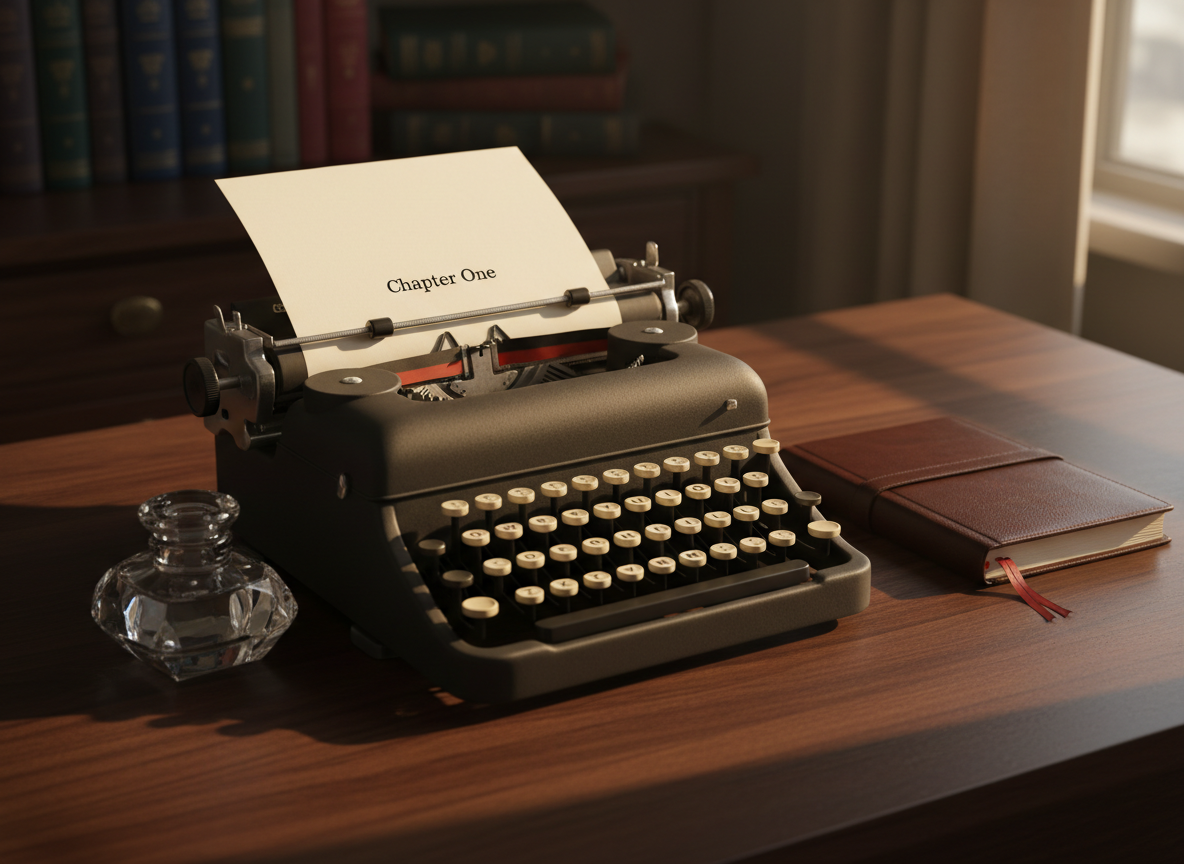 A vintage, matte-black typewriter with round, ivory keys sits alone on a dark walnut writing desk, one half-typed page clamped in the carriage, the words “Chapter One” crisply visible. Around it, the desk is mostly bare except for a heavy crystal inkwell and a closed, leather-bound notebook with a satin ribbon peeking out. Late-afternoon window light falls in at a sharp angle, creating long, moody shadows and a soft gleam on the typewriter’s metal edges. The background fades into a tasteful blur of book spines in deep jewel tones. Photographic realism, eye-level composition, shallow depth of field, evoking sophisticated quiet, tension, and creative anticipation.