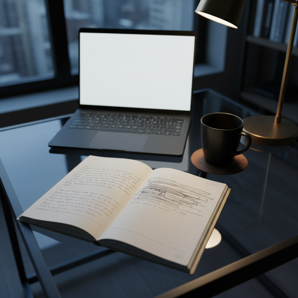 An open notebook of thick, cream-colored paper lies on a smoked-glass desk, its pages filled with tight, elegant handwriting and a few aggressively crossed-out lines, leaving faint impressions in the paper. Beside it, a slim black laptop with a minimalist design glows faintly, its screen reflected in the glass surface. A single black ceramic mug, nearly empty, leaves a ring on a leather coaster. Cool, diffused evening light from a nearby window mixes with the subtle glow of a modern brass desk lamp, creating soft highlights and deep, sophisticated shadows. Photographic realism, overhead three-quarter angle, shallow depth of field, conveying disciplined craft, late-night revision, and razor-sharp focus.