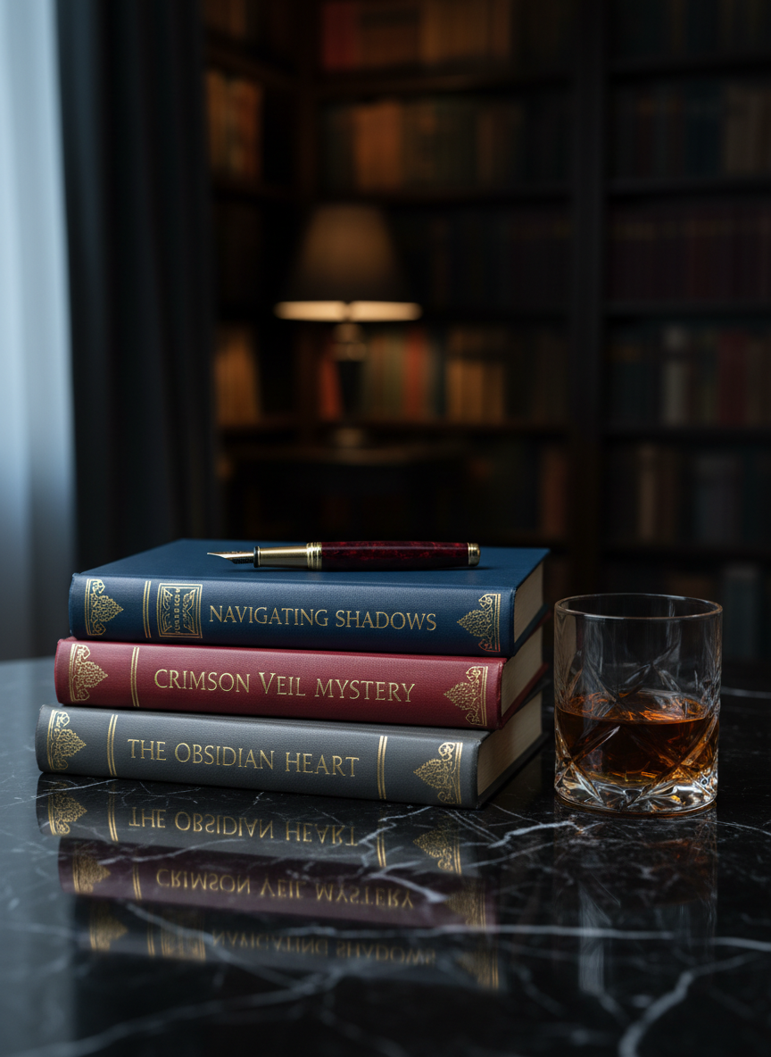 A stack of three weathered hardback novels in muted charcoal, oxblood, and deep navy, each with embossed gold titles, rests on a polished black marble tabletop. An elegant fountain pen with a dark burgundy barrel lies across the top book, its gold nib catching a sliver of cool, overcast window light. Beside the stack, a crystal tumbler half-filled with amber liquid casts fractured reflections on the stone surface. The background is softly blurred shelves of books and a single dim table lamp, creating a cinematic, photographic realism. Shot at a slight three-quarter angle, rule-of-thirds composition, the mood is refined, intelligent, with a hint of noir and dark humor.